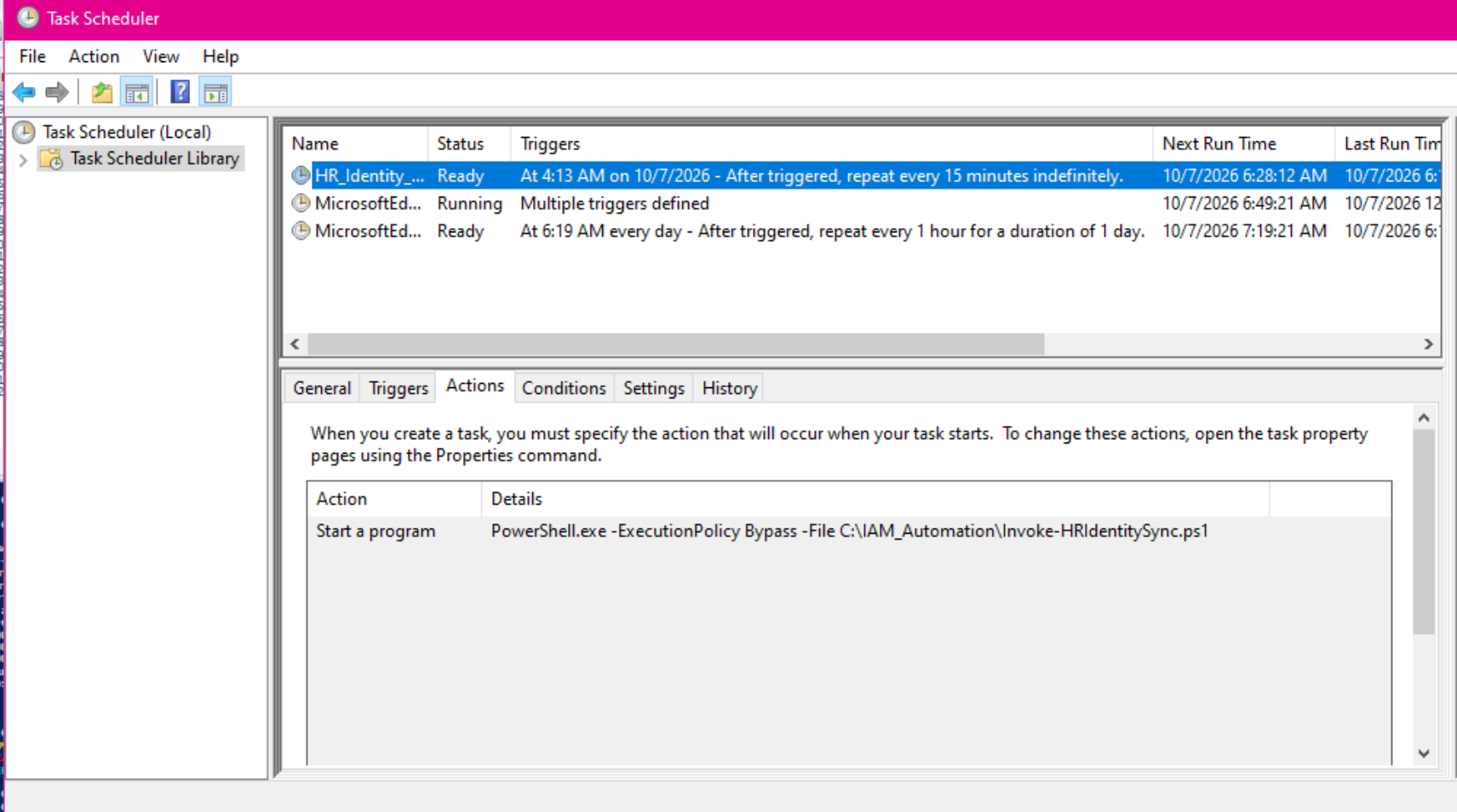 Task Scheduler executing HR_Identity_Sync on APP1